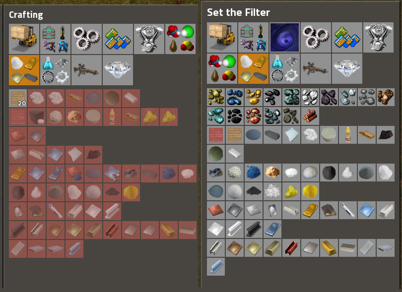 Resources tab crafting and filtering